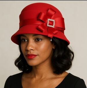 Red Dress Hat Cloche Style w/ Satin Bow & Rhinestone Buckle Elegant Church Der
